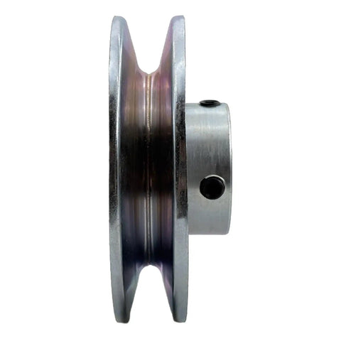 Side view of Heavy Duty Single Groove Web Sheave V Belt Pulley Four Inch Outer Diameter Five Eighths Inch Bore Carbon Steel