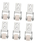 6 Pack Rock Solid Sliding Door Rollers With Galvanized Nylon Tracks For Cabinets And Furniture Built For Smoother Than Butter Gliding Easy Floor Protection No Mess Replacement Hardware, showing metal brackets and nylon wheels.