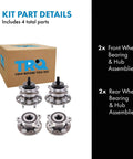 Front And Rear Wheel Bearing And Hub Assembly Set - 4 Piece Kit With 2 Front Hubs And 2 Rear Hubs Compatible With 2022 Toyota Corolla SE Japan Built VIN J Also Fits 2016-2022 Prius And 2017-2022 Prius Prime displayed with packaging and parts