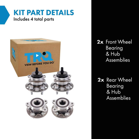 Front And Rear Wheel Bearing And Hub Assembly Set - 4 Piece Kit With 2 Front Hubs And 2 Rear Hubs Compatible With 2022 Toyota Corolla SE Japan Built VIN J Also Fits 2016-2022 Prius And 2017-2022 Prius Prime displayed with packaging and parts
