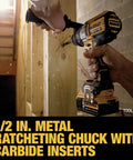 20V Max XR Brushless Drill/Driver With 3 Speed Modes, Tool Only, DCD991B, person drilling into wood with metal chuck