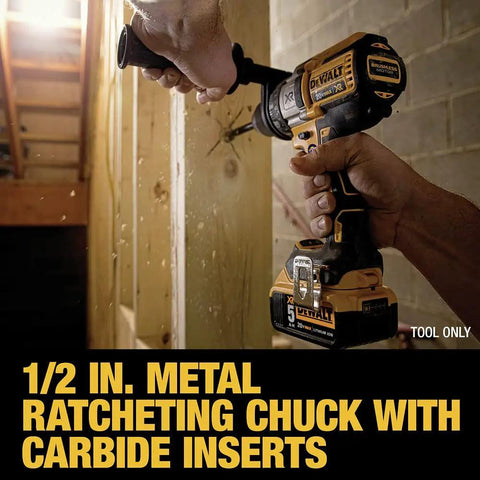 20V Max XR Brushless Drill/Driver With 3 Speed Modes, Tool Only, DCD991B, person drilling into wood with metal chuck