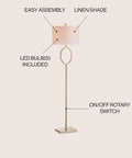 61 Inch Brass Gold Metal LED Floor Lamp With Hoop Design For Living Room Modern Standing Lamp White Linen Drum Shade Sleek On Trend Bedroom And Home Office LED Bulb Included, featuring a hoop accent and square base with labeled parts