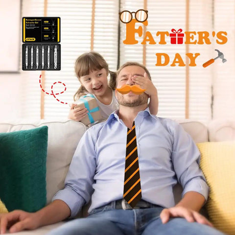 Father's Day themed image with Damaged Screw Extractor Set For Stripped Screws And Bolts, DIY Gear For Fixers in a compact case, playful scene with family.