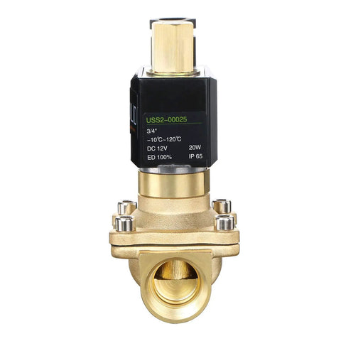 Front view of Brass Electric Solenoid Valve Three Quarter Inch NPT Normally Open 12V DC for Air Gas Water Non Potable with Viton Seal