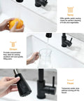 Slick Matte Black Kitchen Faucet With Pull Down Spray And Smooth Single Handle Control showing spray, stream, and pause features.