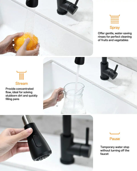 Slick Matte Black Kitchen Faucet With Pull Down Spray And Smooth Single Handle Control showing spray, stream, and pause features.