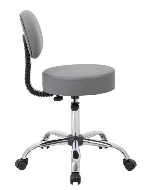 Side view of Be Well Medical Spa Style Adjustable Drafting Stool With Back Support, chrome base, grey seat and backrest.