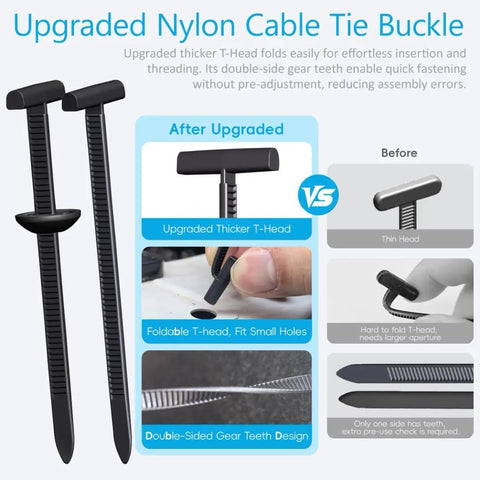 Heavy Duty Nylon Universal Cable Tie Buckles For Cars And Home Use with upgraded T-head and double-sided gear teeth design