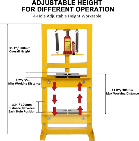 Beefy 6 Ton Hydraulic Shop Press With H Frame Adjustable Working Table Height Press Plates Included, orange with measurements