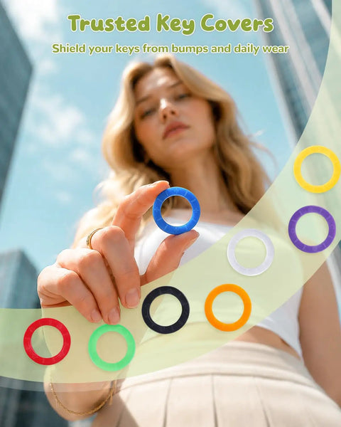 Person holding blue key cap from 24 Pack 0.9 Inch Round Key Caps Set In 8 Colors For Small Flat Keys Only Not Suitable For Square Or Large Keys