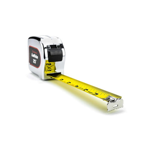 1/2 Inch By 12 Foot Tape Measure With Chrome Case and Yellow Clad Nylon Coated Blade Model L912-02 extended on white surface
