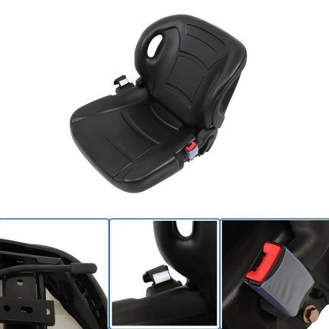 Universal Forklift Seat Heavy Duty Replacement Cushion For Toyota Nissan Komatsu Yale Hyster Tractor Excavator Dozer Off Road Rig Badass Grip And No Sweat Swap Rock Solid Comfort, black cushion with seatbelt and adjustable tracks.