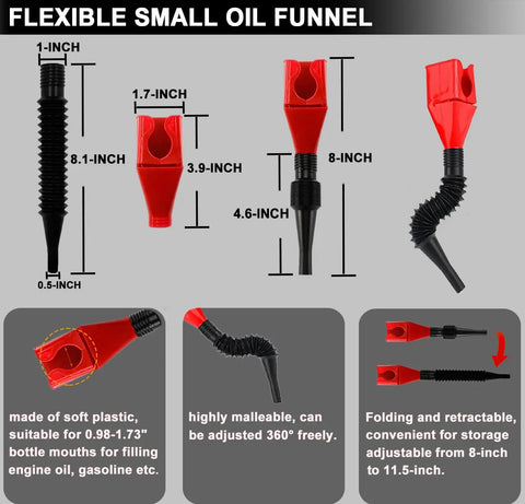 Flexible small oil funnel made of soft plastic, adjustable from 8 to 11.5 inches, part of the Beefed Up Adjustable Oil Filter Pliers Set.