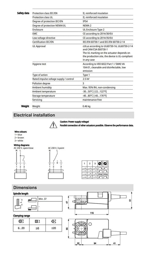 Rock Solid Lm230ax Damper Actuator Delivering Five Newton Meter Torque For Hvac Climate Control Systems electrical specifications sheet.
