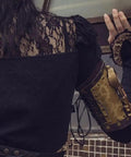 Close-up of Badass Steampunk Arm Sleeve Cosplay Anime Accessory Featuring Mechanical Compass Prop Leather Gear designed for women.