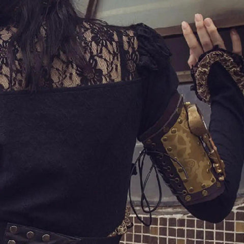 Close-up of Badass Steampunk Arm Sleeve Cosplay Anime Accessory Featuring Mechanical Compass Prop Leather Gear designed for women.