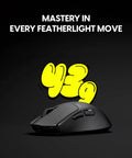 Ultra Lightweight Wireless Gaming Mouse With Dope Minimalist Build And Tight Sensor Tracking For Rapid Flick Shots And Featherlight Control In Jet Black, angled view.