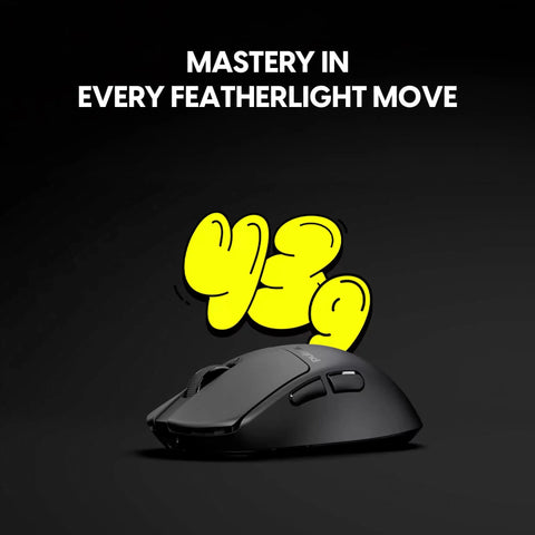 Ultra Lightweight Wireless Gaming Mouse With Dope Minimalist Build And Tight Sensor Tracking For Rapid Flick Shots And Featherlight Control In Jet Black, angled view.