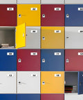 Colorful lockers with open yellow and blue doors, showing books and folders inside, numbered 01 to 18, organized in rows.