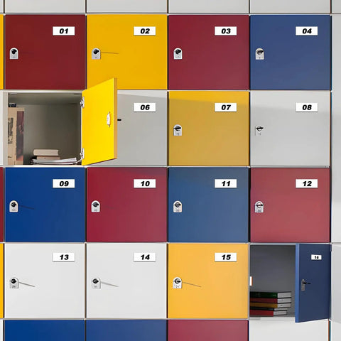 Colorful lockers with open yellow and blue doors, showing books and folders inside, numbered 01 to 18, organized in rows.