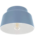 Indigo Blue Flush Mount Ceiling Light With Dimmable Modern Bell Shade For Bedrooms, Kitchens, Foyers And Bathrooms, Medium Size Durable Steel Or Aluminum Fixture For Sleek Homey Lighting, shown from below.