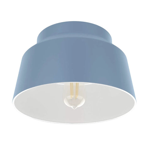 Indigo Blue Flush Mount Ceiling Light With Dimmable Modern Bell Shade For Bedrooms, Kitchens, Foyers And Bathrooms, Medium Size Durable Steel Or Aluminum Fixture For Sleek Homey Lighting, shown from below.