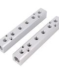 Two Pack Six Way Eight Port Air Compressor Manifold Block With One Quarter Inch NPT Output Ports And One Half Inch NPT Supply Port