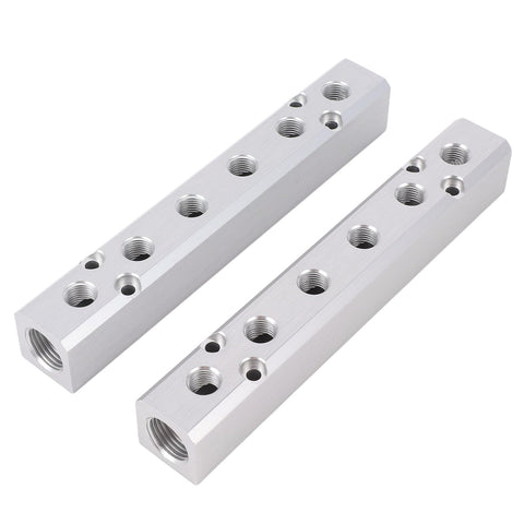 Two Pack Six Way Eight Port Air Compressor Manifold Block With One Quarter Inch NPT Output Ports And One Half Inch NPT Supply Port