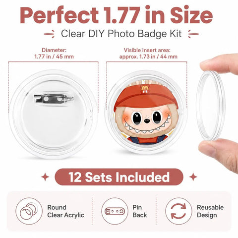 Kickstart Your Craft Hustle With This Dope Twelve Pack Clear Button Maker Kit Featuring 1.77 Inch Acrylic Photo Badges And Strong Pins For Total Vibe Custom Name Tags And Zero Hassle DIY Stuff You Actually Love Making Daily - Clear acrylic button with pin back design.