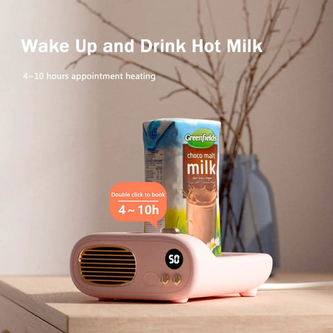 Keep Your Favorite Brew Piping Hot Desk Mug Warmer With Three Cozy Heat Levels And Gentle Glow Indicator For Home Office Coffee Cup Beverage Heater Continuously Locking In Ideal Sipping Temperatures Evergreen on a wooden table with a milk carton.
