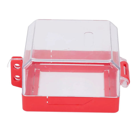 Emergency Stop Cover Lockout Protector with transparent polycarbonate shell and red base, fits 105x105x63mm E Stop buttons.
