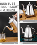 Premium Stainless Steel Long Spout Pour Over Kettle With Cool Touch Grip and Tight Sealed Lid shown pouring into a glass.