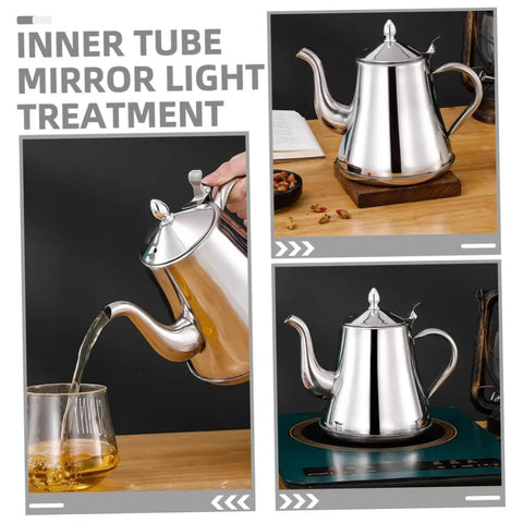 Premium Stainless Steel Long Spout Pour Over Kettle With Cool Touch Grip and Tight Sealed Lid shown pouring into a glass.