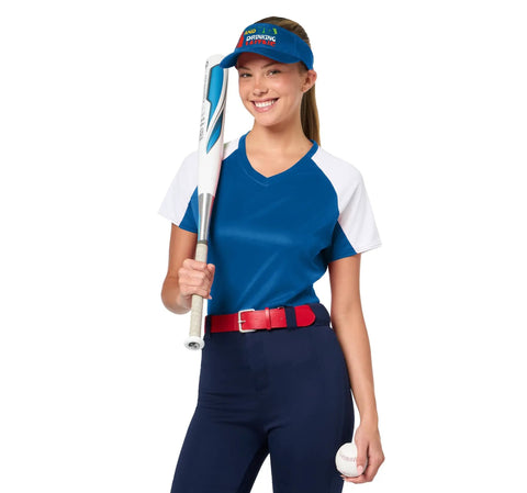 Woman wearing RV Sun Visor For Camping And Wine Nights, One Size Fits Most, Royal Blue, Breathable Moisture Wicking Polyester Mesh With Adjustable Hook And Loop Closure, Must-Have Road Trip Gear For Adventurers.