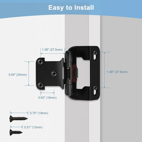 Half Inch Overlay Black Cabinet Hinges Boasting Smooth Self Closing Action For Face Frame Kitchen Doors Featuring Semi Concealed Heavy Duty Build close-up with measurements.