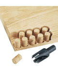 Top Shelf Carbon Steel Plug Cutting Set Eight Piece Woodworking Kit showing wood plugs and cutter in use on a wooden board.