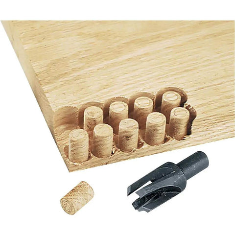 Top Shelf Carbon Steel Plug Cutting Set Eight Piece Woodworking Kit showing wood plugs and cutter in use on a wooden board.