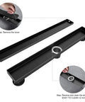 Matte Black 24 Inch Linear Shower Floor Drain With Dual Tile Insert Cover For Seamless Install Reversible 2-In-1 Design Fast Water Flow 304 Stainless Steel CUPC Certified Slick Bathroom Upgrade shown with strainer and cover removal steps