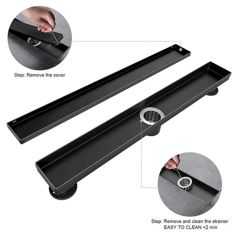 36 Inch Matte Black Linear Shower Drain With Reversible Flat And Tile Insert Cover For Easy Install, open view with hair catcher.