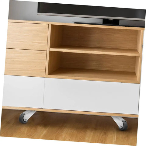 Slick Barn Door Rollers And Sliding Casters 2 Pack Heavy Duty Nylon Galvanized Hardware For Wardrobes And Closets, on a modern media console.