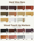 No Sweat Touch Up Kit For Scratches Cracks Dents Stains On Laminate Vinyl Hardwood Floors Or Wooden Furniture Comes With Eleven Sweet Color Shades Plus A Built In Heat Pen Tool For Pretty Slick Refinishes: display of wax bars and touch up markers in various wood colors.