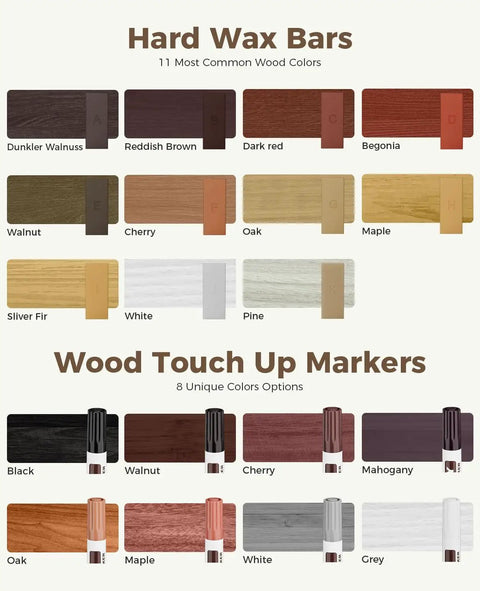 No Sweat Touch Up Kit For Scratches Cracks Dents Stains On Laminate Vinyl Hardwood Floors Or Wooden Furniture Comes With Eleven Sweet Color Shades Plus A Built In Heat Pen Tool For Pretty Slick Refinishes: display of wax bars and touch up markers in various wood colors.