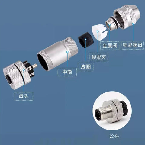 Exploded view of M12 6 Pin Female Circular Connector A Coded IP67 Waterproof Shielded Metal Body 12mm Thread Lock