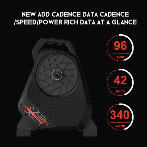 Black Quiet Portable Smart Bike Trainer For Indoor Rides With 18 Percent Slope Simulation, ANT Plus And BLE shown with data screen.