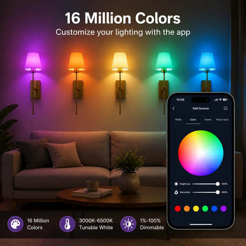 Supleap Battery Operated Wall Sconces Set of 2, Matter Smart Wall Lights in various colors with smartphone control display.