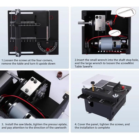 Top Shelf Mini Table Saw And Heavy Duty Portable Craft Station For Wood Cutting Sanding Engraving Drilling All In One Adjustable Desktop Power Tool detailed assembly guide steps.