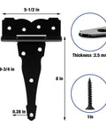 Diagram of 6 Pack Heavy Duty 8 Inch T Strap Barn Door Hinges 2.5mm Thick Steel with dimensions and screw details.