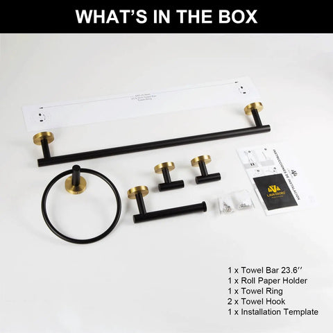 Five Piece Black And Gold Stainless Steel Bathroom Hardware Set With 23.6 Inch Towel Bar, Towel Ring, Toilet Paper Holder