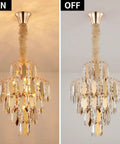 Lit Gold Finish Modern Crystal Chandelier, 5-Tier 7-Light Round Pendant Ceiling Light, shown on and off, 15.7 Inch Diameter